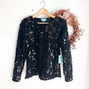 CeCe Womens Sequin Feather Fringe Cocktail Top Long Sleeve SMALL Black